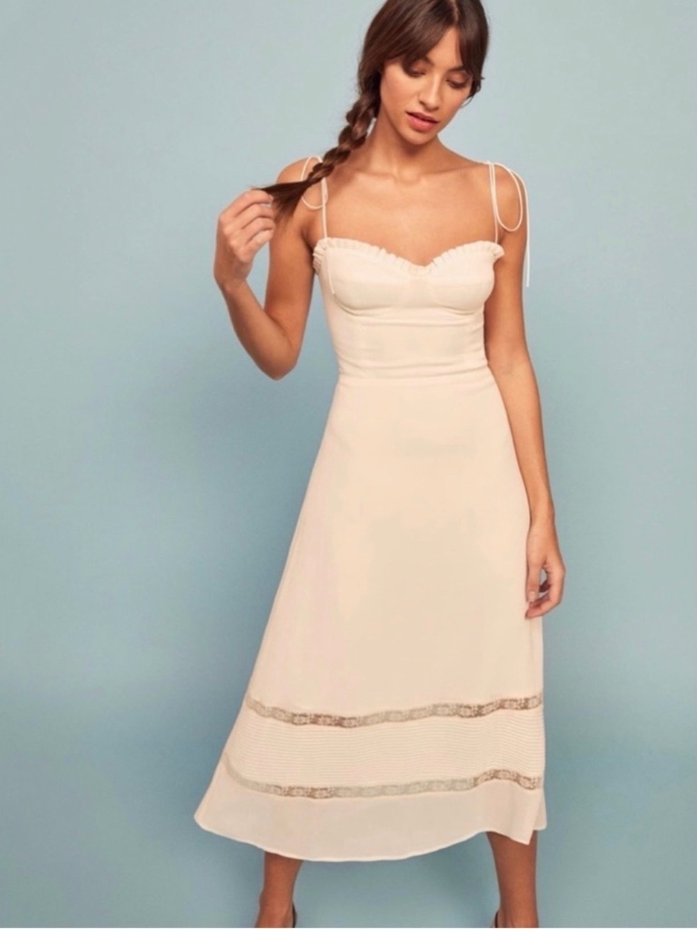 NWT Reformation Ronan Midi Dress Lace Ivory Tie Strap sz 4 - Picture 4 of 10